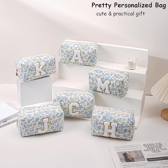 Gleyemor Personalized Initial Makeup Bag for Women, Cute Quilted Blue Floral Cotton Cosmetic Bag, Christmas Gifts for Her Mom Friend Sister Bridesmaid Teacher Women O