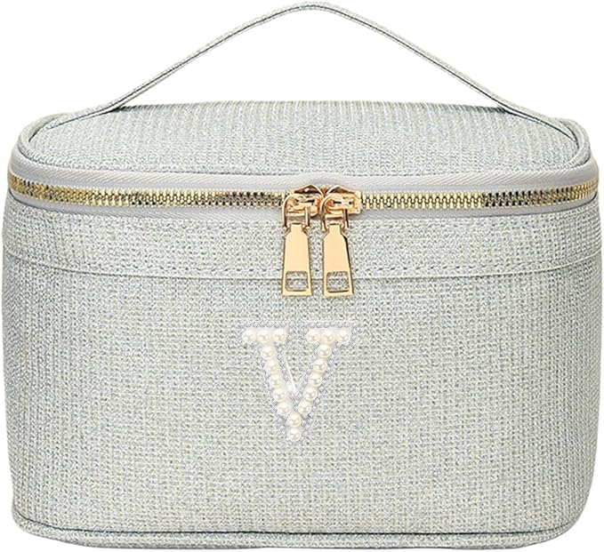 EURYNOME Makeup Bag with Custom Letter V, Water-Resistant Travel Organizer Pouch, (8.3x5.1x5.1 Inch) Cosmetic Case for Women