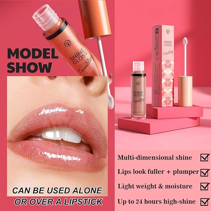 Lip Gloss Women Girls Plumping Lip Gloss Glitter Tinted Lip gloss Oil Plumper Hydrating Long Lasting Moisturizing Non Sticky Makeup lip gloss (07#)