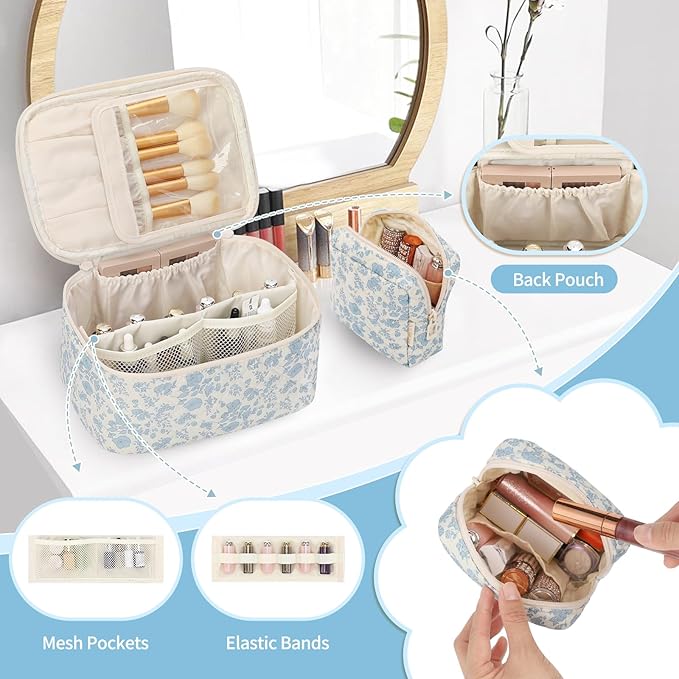 OCHEAL Makeup Bag Set, Portable Travel Makeup Bags Cosmetic Organizer Bag for Women Cute Floral Cosmetic Pouch Large Capacity Make up Bag Toiletry Bags with Divider and Handle-Floral