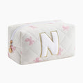 Gleyemor Personalized Initial Makeup Bag for Women, Cute Quilted Pink Floral Cotton Cosmetic Bag, Christmas Gifts for Her Mom Friend Sister Bridesmaid Teacher Women N