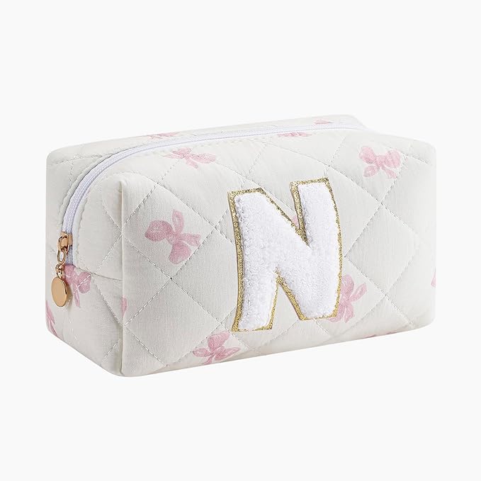 Gleyemor Personalized Initial Makeup Bag for Women, Cute Quilted Pink Floral Cotton Cosmetic Bag, Christmas Gifts for Her Mom Friend Sister Bridesmaid Teacher Women N