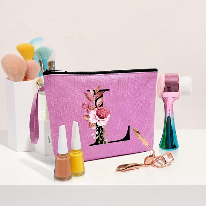 Vavabox A-Z Personalized Makeup Bag, Birthday Gifts for Women Mom, Gifts for Best Friend, Bride Bridesmaid Cosmetic bag (L, Purple)