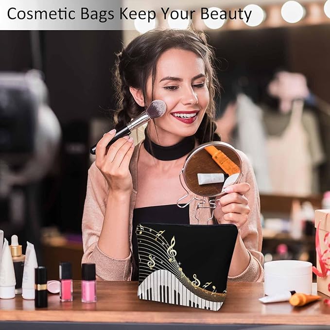 Women Makeup Organizer Bag Piano Music Notes Instrument Piano Flax Cosmetic Bag Makeup Bags Toiletry Bag Accessories Organizer Travel Bags For Home Bathroom Office Hotel Gym Black Golden