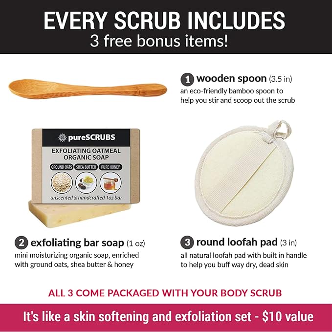 pureSCRUBS Premium Rose Body Scrub Set - Large 16oz Dead Sea Salt Body Scrub With Infused Essential Oils & Nutrients, Includes Wooden Spoon, Loofah & Oatmeal Exfoliating Bar Soap