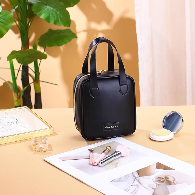 Travel Makeup Bag, Large Flat-Open Cosmetic Bag Make Up Organizer Case for Women, Waterproof PU Leather Toiletry Bag with Brush Compartment Skincare Pouch for Toiletries Accessories