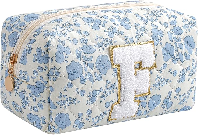 Gleyemor Personalized Initial Makeup Bag for Women, Cute Quilted Blue Floral Cotton Cosmetic Bag, Christmas Gifts for Her Mom Friend Sister Bridesmaid Teacher Women F