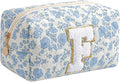 Gleyemor Personalized Initial Makeup Bag for Women, Cute Quilted Blue Floral Cotton Cosmetic Bag, Christmas Gifts for Her Mom Friend Sister Bridesmaid Teacher Women F