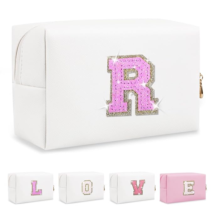 Small Initial Patch Makeup Bag Personalized Gifts Make Up Bag,White Cute PU Leather Glitter Letter Cosmetic Bag with Zipper,Trendy Portable Travel Toiletry Pouch,Preppy Stuff for Teen Girls Women R