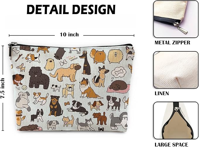 Sufamb Cute Dogs Doodle Art Makeup Bag, Funny Puppy Dog Pattern Cosmetic Pouch for Women Girls, Christmas Birthday Gifts for Dog Lovers Women Girls