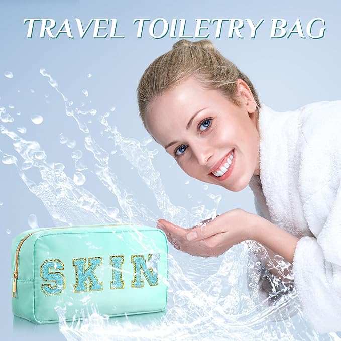 Remerry 4 PCS Nylon Cosmetic Bags Waterproof Spacious Travel Makeup Organizer for Women Chenille Letter Preppy Zipper Pouch Face Stuff Skin Hair Organizer Gift(Blue Green Colors)
