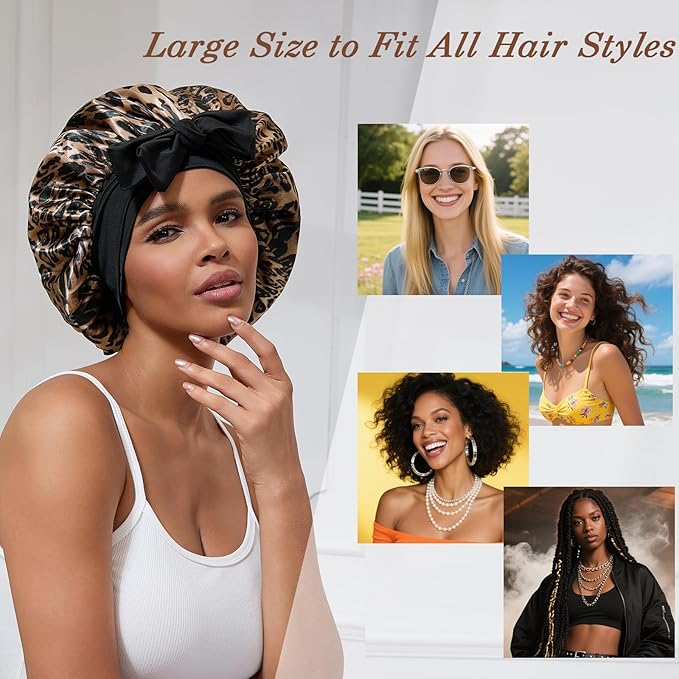 Satin Hair Bonnet for Sleeping Women, Double Layer Silk Bonnets for Women with Tie Band, for Braids Curly Long Hair