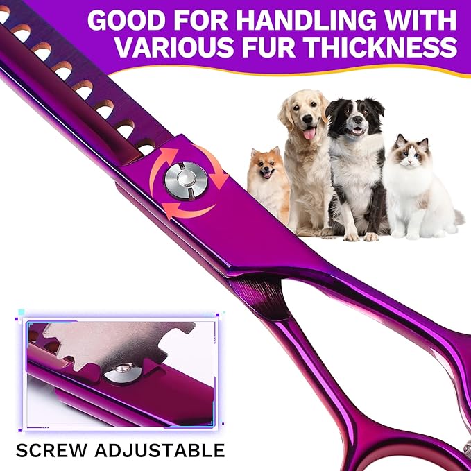 JASON 7.5" Dog Grooming Scissor - Professional Chunker Shear with Ergonomic Handle Japanese Stainless Steel Hair Scissor for Dogs, Cats and Other Pets, Sharp (Chunker, Purple) Christmas Gift