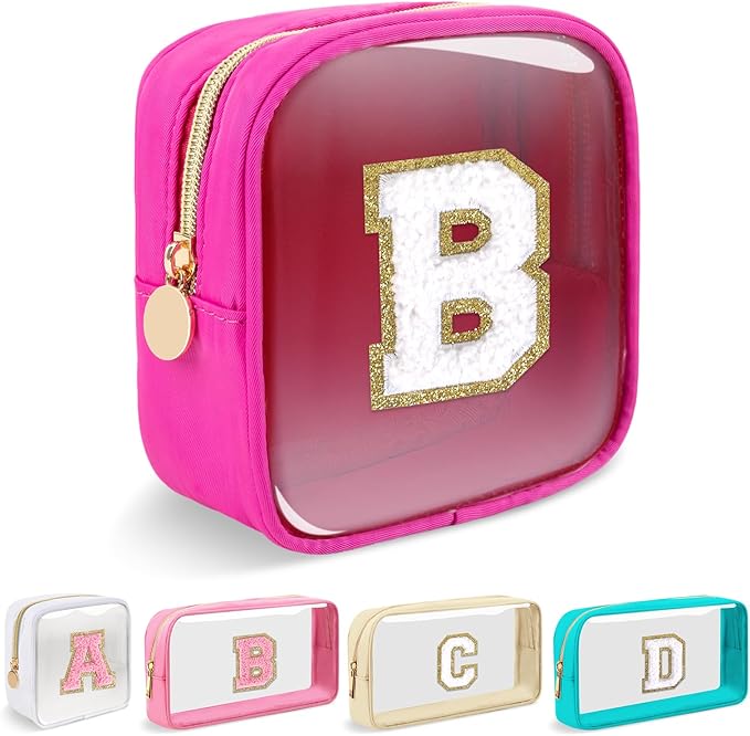 Mini Clear Personalized Initial Makeup Bag,Nylon Preppy A-Z Chenille Letter Patch Zipper Cosmetic Bag, Small Cute Beach Pouch Travel Purse Sanitary Napkin Storage Bag for Women Girls(Hot Pink-White B)