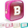 Mini Clear Personalized Initial Makeup Bag,Nylon Preppy A-Z Chenille Letter Patch Zipper Cosmetic Bag, Small Cute Beach Pouch Travel Purse Sanitary Napkin Storage Bag for Women Girls(Hot Pink-White B)