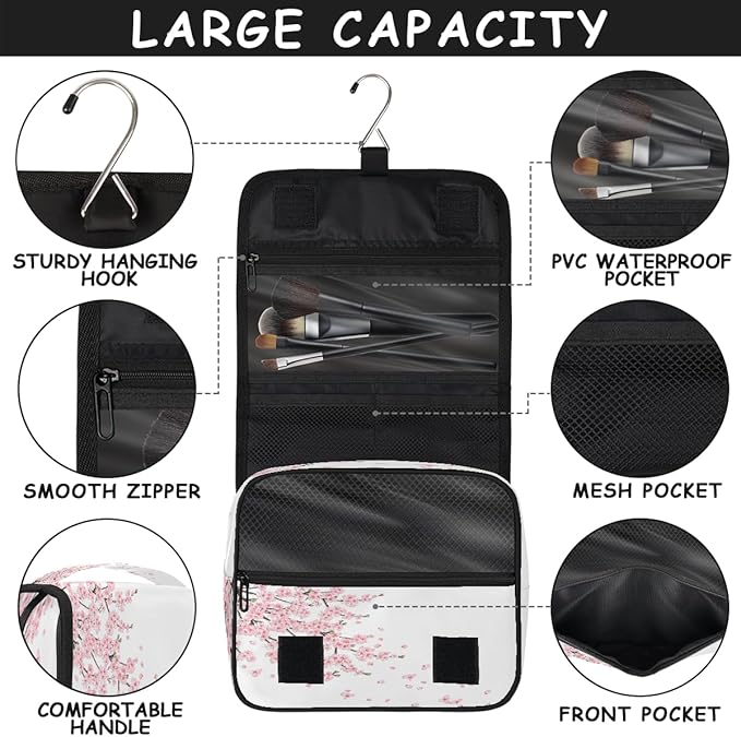 Travel Toiletry Bag for Women & Men Japanese Pink Flower Hanging Cosmetic Organizer Portable Waterproof Makeup Case Make Up Bag with Compartments Travel Essentials for Bathroom Shower