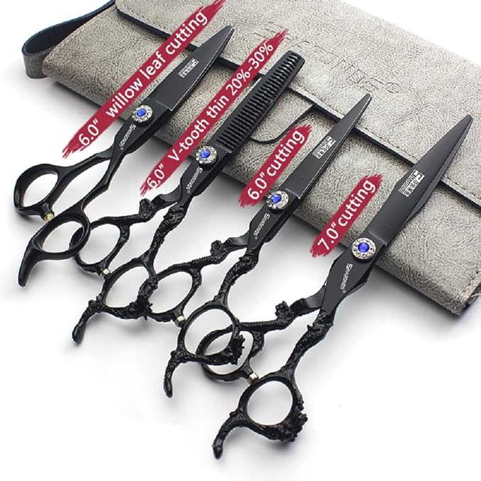 6+7 inch hair stylist barber scissors black plate dragon 440C hairdressing cutting scissors+thinning scissors (4PC)