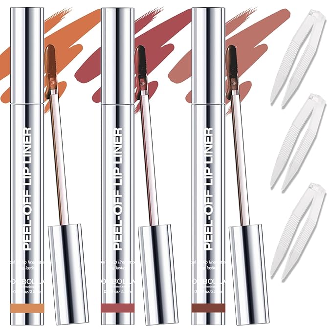 3 Colors Peel Off Lip Liner with Tweezer Kit, Rich Color Matte Finish Lip Tint Stains Makeup Set for Women, Long Lasting, Waterproof, Smudge Proof, For All Skin Types (#1, #3, #5)