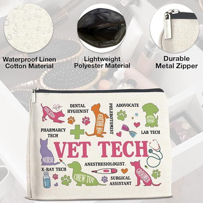 Vet Tech Gifts Veterinary Technician Makeup Bag Best Veterinarian Gifts for Woman, Funny Vet Tech Gift Cosmetic Bag Zipper Makeup Pouch