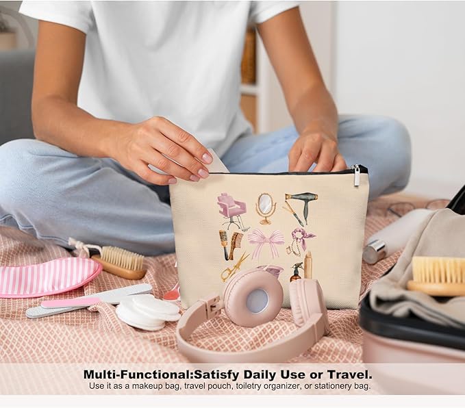 Hairstylist Gifts Women Makeup Bag, Cute Cosmetic Pouch for Hairdressers & Cosmetology Students, Hair Salon Travel Organizer Bag for Teen Girls, Aesthetic Stylist Accessories, 7.5 x 10 in