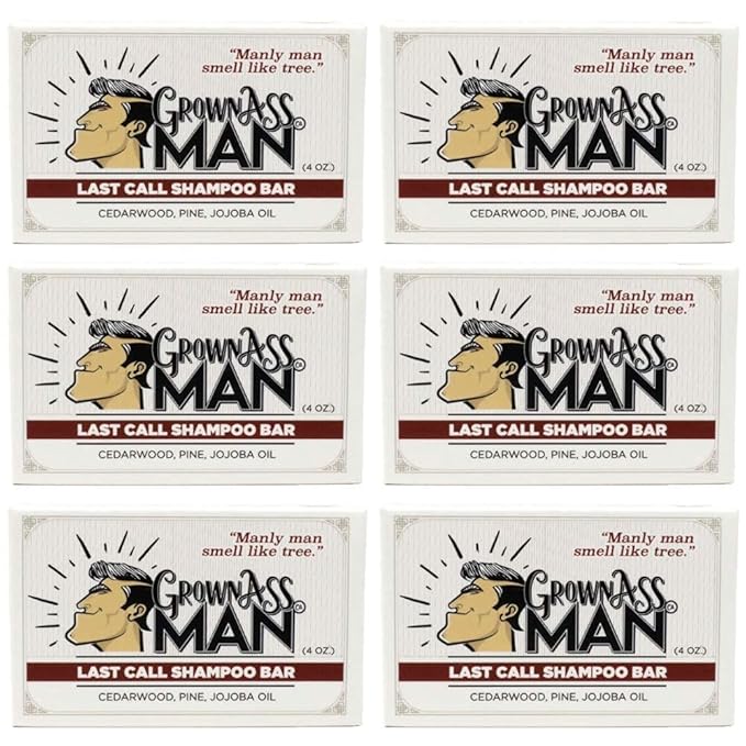 Grown Ass Man Co. - Solid Shampoo Bar Rich Lather 3 in 1: Hair, Beard & Body Wash - Plastic Free & Eco-Friendly, Natural & Organic Clean for All Hair Types, 4oz Bar (Last Call, 6-Pack)