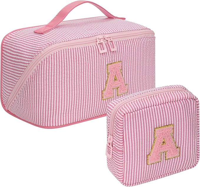 Travel Makeup Bag for Women, 2Pcs Portable Personalized Initial Makeup Organizer Bag, Open Flat Large Cosmetic Bag With Travel Essential Pouch (Pink Letter A)