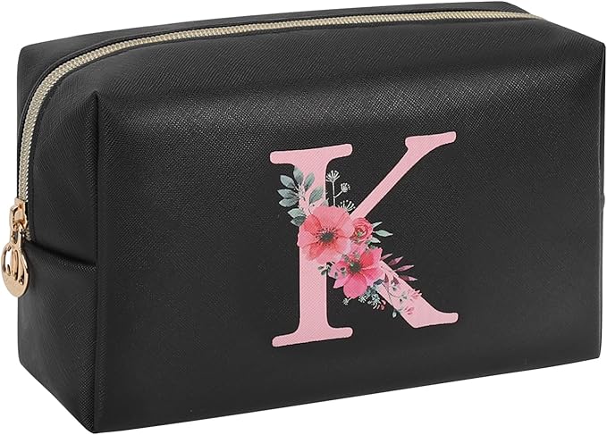 Personalized Initial Makeup Bag, Birthday Gifts for Women and Girls, Small Makeup Pouch Travel Toiletry Bag, Make Up Organizer Bag Gift Trendy Stuff for Friend Mom Teacher, Black
