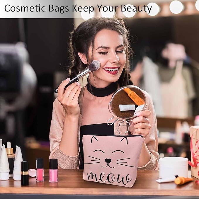 Cat Cute Cosmetic Bags For Women, Funny Kitten Cat Face Meow Roomy Makeup Bag Toiletry Bag Accessories Organizer Storage Bags Makeup Pouch For Travel Business Gym Camping Bathroom, Pink