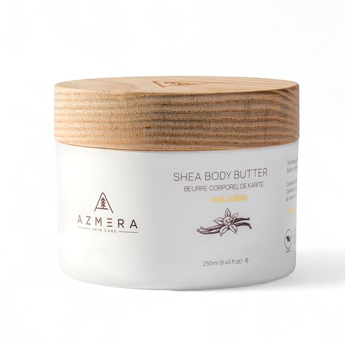 AZMERA Handcrafted Whipped Shea Body Butter – Luxurious Vanilla Bean Scented Moisturizer for Dry, Sensitive Skin, Argan Oil & Vitamin E – Vegan, Non-Greasy Skincare – 8.82 oz