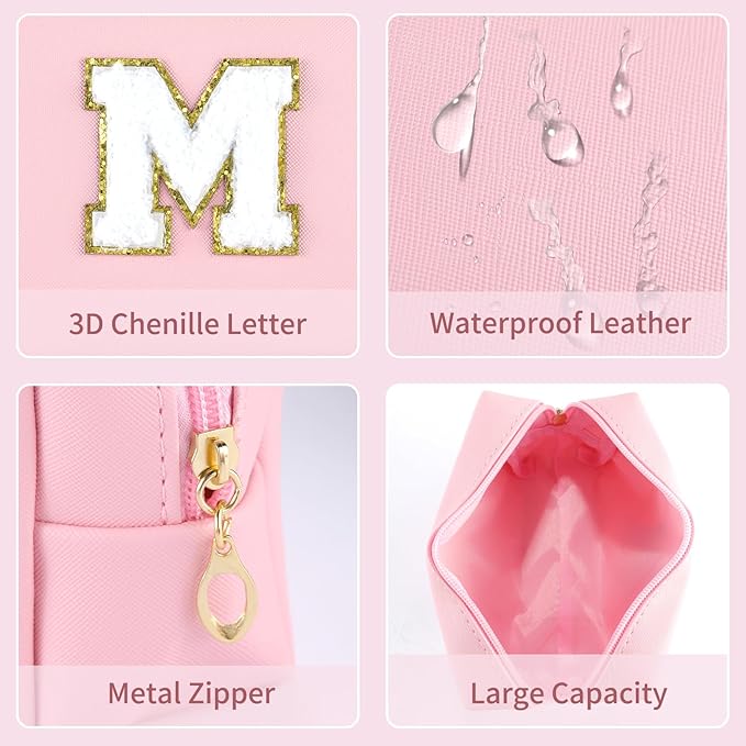MSQ Personalized Makeup Bag Initial A-Z Patch Bag, PU Leather Cosmetic Bag Pouch Travel Toiletry Bag with Zipper, Gift Ideal for Teen Girls Friend Mom Women Birthday (Pink M)