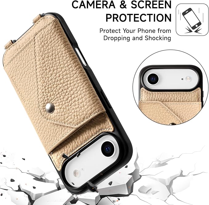 LUCKYCOIN Crossbody Wallet Phone Case for iPhone Air,100% Genuine Leather Wallet Phone Case with Expandable Flip Card Holder,Phone Purse for Women with Adjustable Removable Strap - Pebble Beige