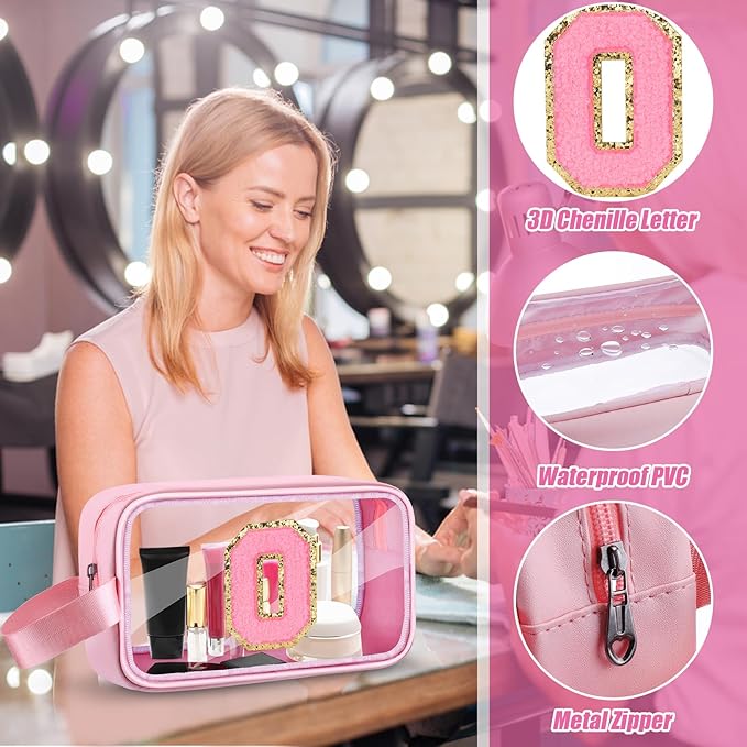 Initial Makeup Bag,Letter O Cute Clear Monogrammed Cosmetic Travel Bag for Womens Girls,Personalized Pink Aesthetic Traveling Make Up Organizer Bag for Beach,Waterproof Toiletry Bag