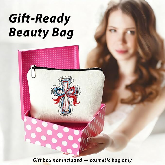 American Flag Bow Patriotic Aesthetic 4th of July Makeup Bag,July 4th Girly Cosmetic Bagsfor Women, Red White and Blue USA Toiletry Bag for Women, cosmetic bag, makeup case