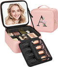 Relavel Initial Makeup Bag with LED Mirror for Women Girls, Personalized Travel Cosmetic Organizer Train Case, Birthday Gifts for Grandkids Bridesmaid Graduation Teacher Friends, Trendy Stuff, Pink A