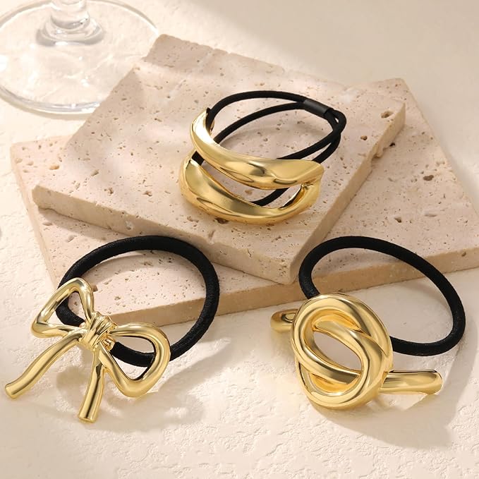 3PCS Gold Hair Ties for Women, Stretchy Metal Hair Ties for Thick Hair, Non-Damage Gold Ponytail Cuff Holders, Elegant Geometric Hair Accessories for Women, 3 Styles in Box Holiday Christmas Gifts