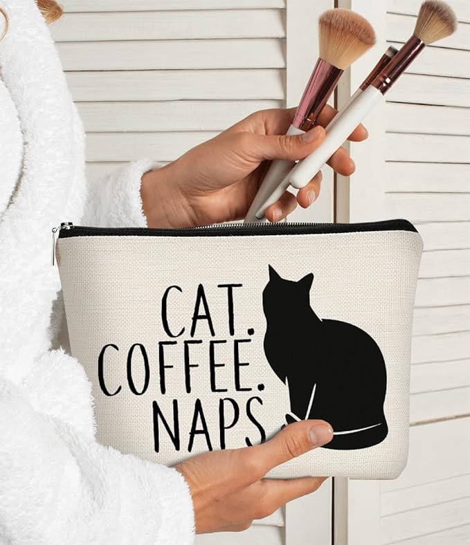 Cat Coffee Naps Black Cat Funny Cartoon Kitty Kitten Makeup bag,Cosmetic Bag Zipper Travel Toiletry Bag Best Gift Idea for Cat Lovers Teen Girls,Cat Owners Gifts,Birthday Christmas's Gift