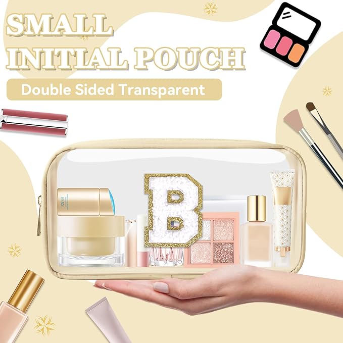 Small Clear Personalized Initial Makeup Bag,Nylon Preppy A-Z Chenille Letter Patch Cosmetic Pouch Beach Toiletry Bag,Waterproof Zipper Travel Purse Storage Bag Organizer for Women Girls(Beige-White B)