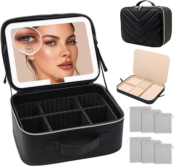 Travel Makeup Bag with LED Mirror, Large 12 Inch Cosmetic Train Case with Jewelry Organizer, 10X Magnifying Mirror, Adjustable Dividers for Cosmetics Makeup Brushes Toiletry, Includes 6 Velvet Pouches