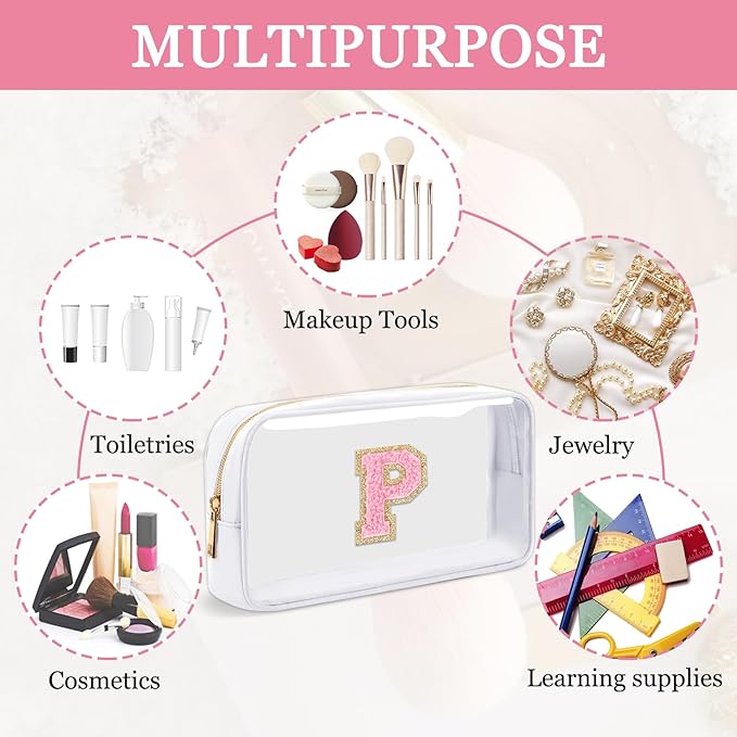 Small Clear Personalized Initial Makeup Bag, Preppy Nylon A-Z Chenille Letter Patch Makeup Organizer TSA Approved Travel Toiletry Bag,Waterproof Zip Beach Cosmetic Pouch Purse for Women(White-Pink P)