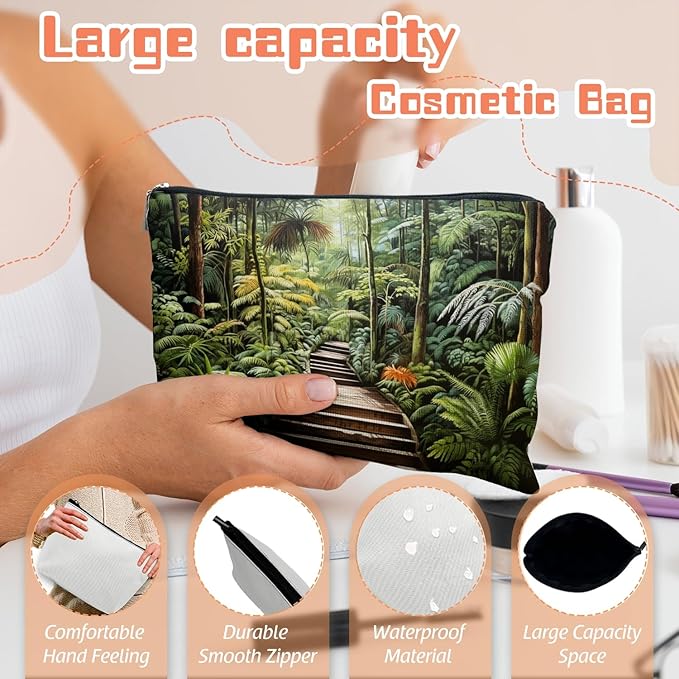 Makeup Bag Travel Cosmetic Bags Small Makeup Case Waterproof Zipper Pouch for Women Girls 7X9inches - Tropical Rainforest Walkway Surrounded By Foliage