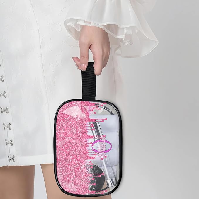 Customized Travel Makeup Toiletry Bag, PVC Transparent Waterproof Large Cosmetic Bag Makeup Shaving Bag Organizer Case, Hot Pink Curtain Glittery