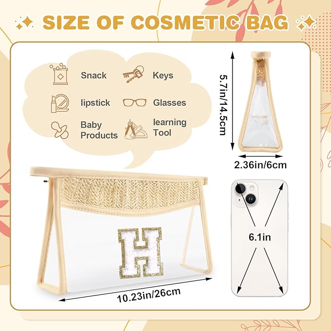 Personalized Initial Letter Bag Boho Straw Clear Makeup Bag,Small Cute Chenille Varsity Letter Pouch With Zipper,Beach Travel Toiletry,Portable Monogrammed Cosmetic Bag for Women Girls,H