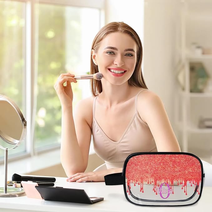 Custom Travel Clear Cosmetic Bag with Name, Personalized Large Capacity Weekend PVC Transparent Toiletry Bag Portable Bathroom Makeup Organizer, Red Curtain Glittering