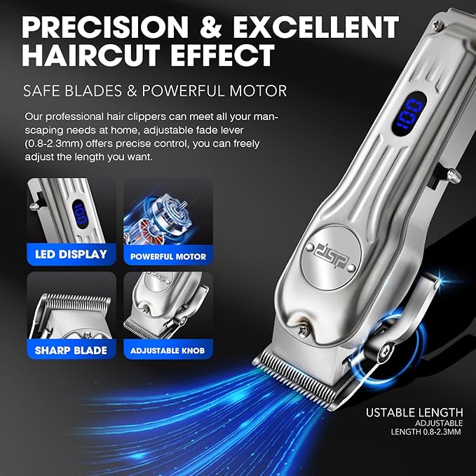 DSP Professional Hair Clipper for Men, Clipper and Trimmer Set - Electric Clipper for Hair Cutting, Cordless Barber Clipper Set with LED Display for Men Gift (Silver)