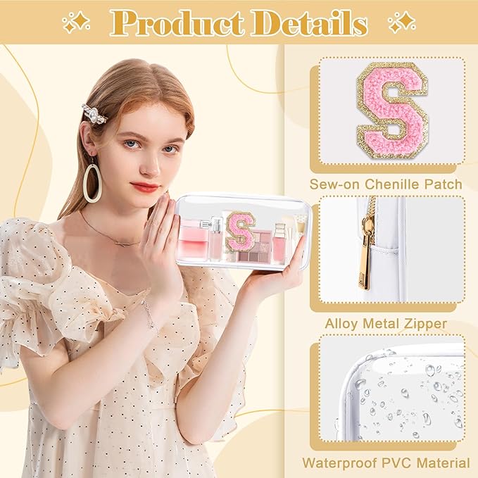 Personalized Initial Letter Clear Makeup Bag,Preppy Small Nylon&PVC Cosmetic Zipper Bag with Chenille Letter,Travel Skincare Toiletry Bag,Monogram Christmas Gift for Teen Girls Women,S