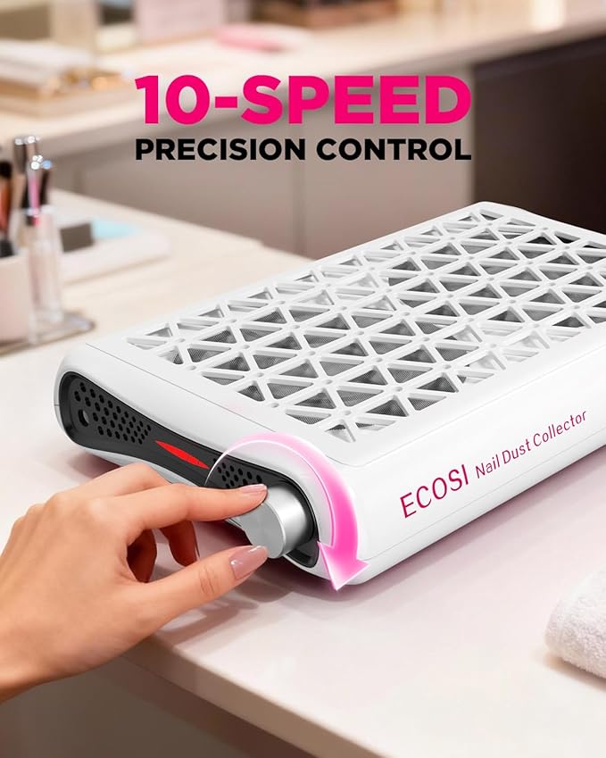 Nail Dust Collector, ECOSI 1600PA Professional Nail Dust Collector, 10-speed Adjustable Suction Nail Fan Dust Collector with Filter Papers (30 Pcs) for Manicure, Salon Nail Tech & Home (White)