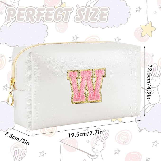 Initial Makeup Bag Personalized Preppy Travel Small Cosmetic Bag Cute PU White Chenille Letter Makeup Pouch for Purse Waterproof Zippered Toiletry Organizer for Women Girls Kids Friends (W)