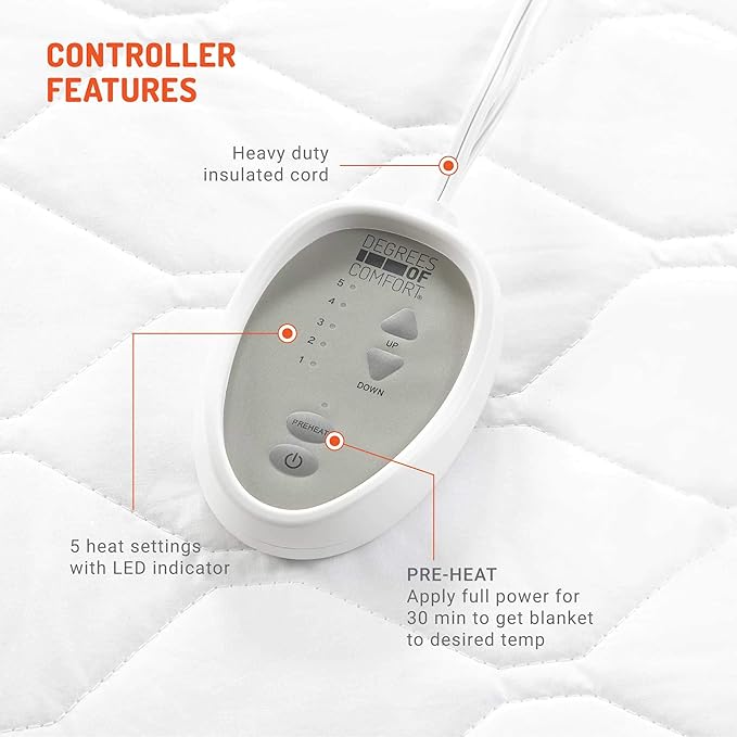 Degrees Of Comfort Heated Mattress Pad Twin Size | Zone Heating Electric Bed Warmer W/Auto Shut Off | Fit Up to 15 Inch | 12.5ft Long Cord - 39x75 Inch, White
