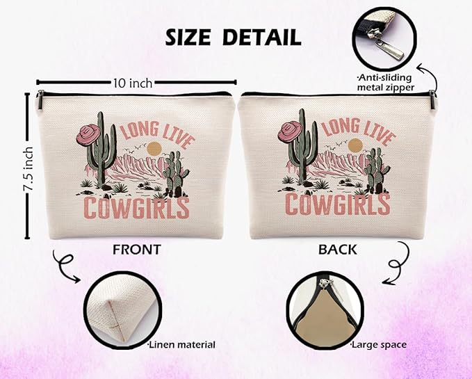 Long Live Cowgirls Cosmetic Bag, Pink Retro Western Cowgirl Hat Desert Cactus Makeup Bag Zipper Cosmetic Pouch Bag Travel Linen Makeup Organizer, Preppy Gifts for Teen Girls Women Cowgirls