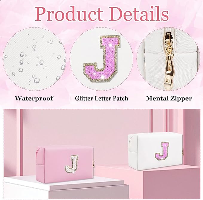 Glitter Initial Letter Makeup Bag, Small Personalized Sequins Letters PU Leather Cosmetic Bag Portable Waterproof Makeup Zipper Pouch, Shine Handbag Organizer Travel Bag Gifts for Women&Girls(White-J)